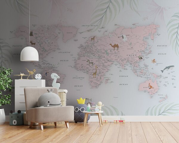 Carta da parati Mappa del mondo con animali, Carta da parati per Bambini, Carta da parati popolare, u79832 - Tapeko.it