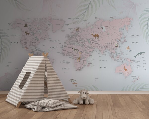 Carta da parati Mappa del mondo con animali, Carta da parati per Bambini, Carta da parati popolare, u79832 - Tapeko.it