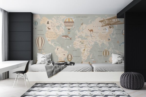 Carta da parati Mappa del mondo con aerei e mongolfiere, Carta da parati per Bambini, Carta da parati popolare, u79995 - Tapeko.it