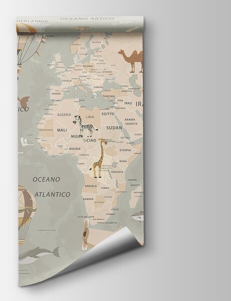 Carta da parati Mappa del mondo con aerei e mongolfiere, Carta da parati mappe del mondo, Carta da parati popolare, u79997 - Tapeko.it