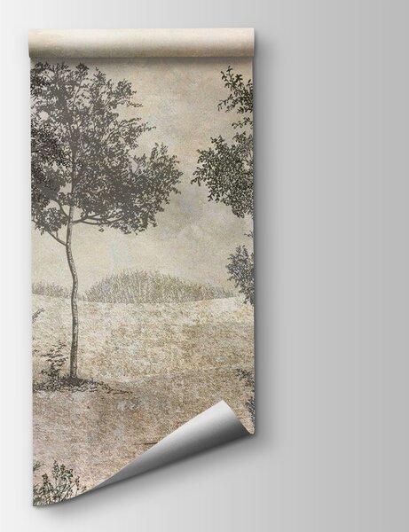 Carta da parati Disegno di alberi in un campo, Carta da parati Alberi, Carta da parati popolare, u80030 - Tapeko.it
