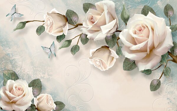 Carta da parati Rose delicate e farfalle in armonia, Carta da parati Fiori grandi, Carta da parati popolare, u80191 - Tapeko.it