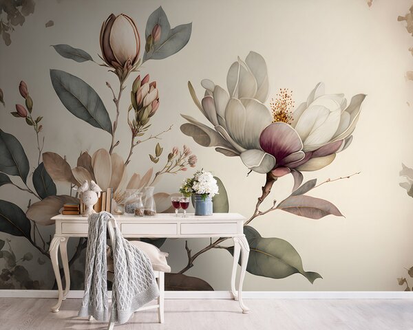 Carta da parati Eleganti fiori di magnolia dalle tonalità tenui, Carta da parati Floreale, Carta da parati popolare, u93020 - Tapeko.it