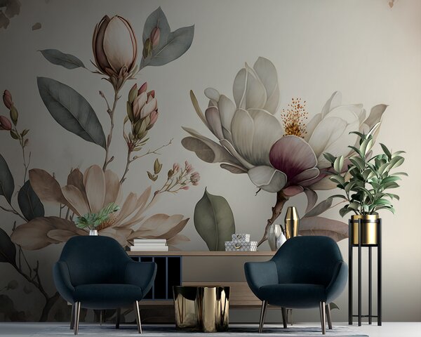 Carta da parati Eleganti fiori di magnolia dalle tonalità tenui, Carta da parati Floreale, Carta da parati popolare, u93020 - Tapeko.it