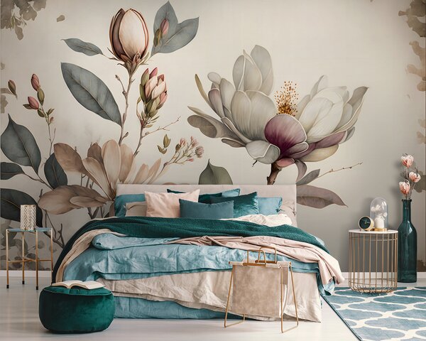 Carta da parati Eleganti fiori di magnolia dalle tonalità tenui, Carta da parati Floreale, Carta da parati popolare, u93020 - Tapeko.it
