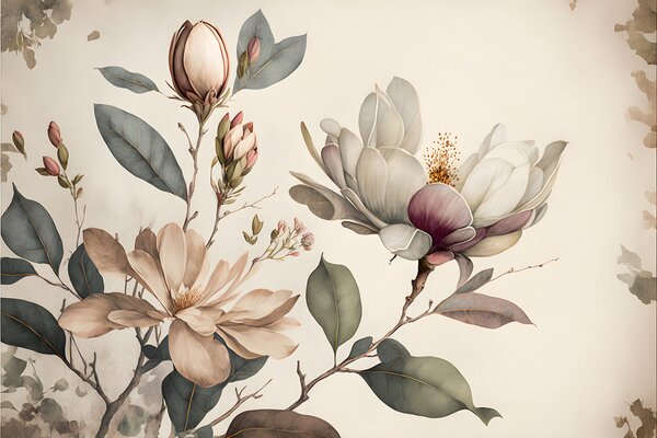 Carta da parati Eleganti fiori di magnolia dalle tonalità tenui, Carta da parati Floreale, Carta da parati popolare, u93020 - Tapeko.it