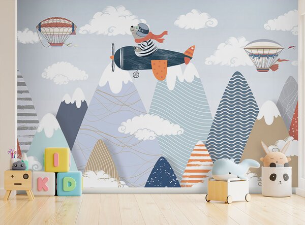 Carta da parati Orso dei cartoni animati in volo su un aereo, Carta da parati per Bambini, Carta da parati popolare, u93546 - Tapeko.it