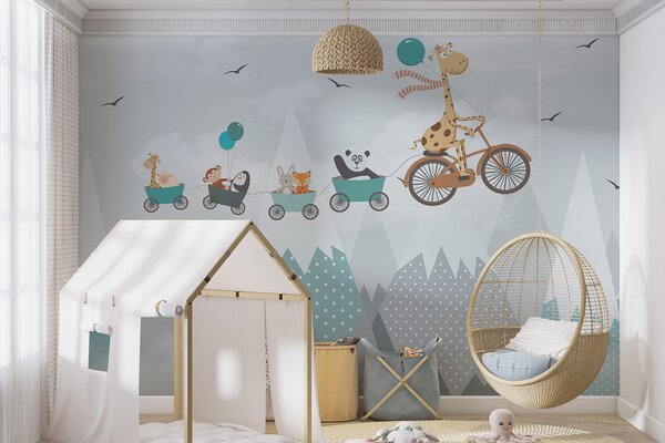 Carta da parati Giraffa in bicicletta con treno e animali, Carta da parati per Bambini, Carta da parati popolare, u93575 - Tapeko.it
