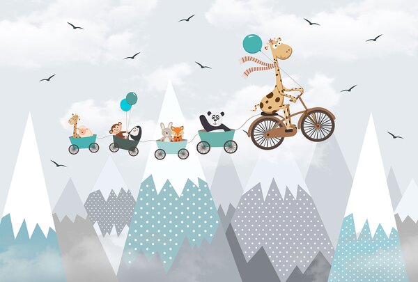 Carta da parati Giraffa in bicicletta con treno e animali, Carta da parati per Bambini, Carta da parati popolare, u93575 - Tapeko.it