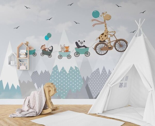Carta da parati Giraffa in bicicletta con treno e animali, Carta da parati per Bambini, Carta da parati popolare, u93575 - Tapeko.it