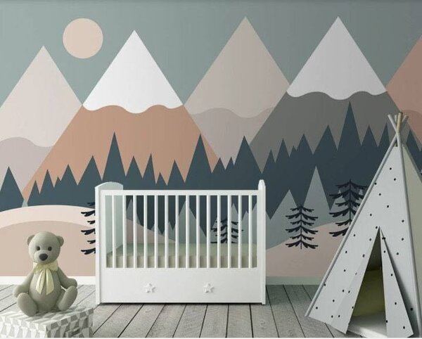 Carta da parati Paesaggio montano con alberi e montagne, Carta da parati per Bambini, Carta da parati popolare, u93561 - Tapeko.it