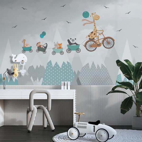 Carta da parati Giraffa in bicicletta con treno e animali, Carta da parati per Bambini, Carta da parati popolare, u93575 - Tapeko.it
