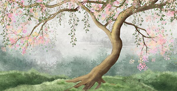 Carta da parati Albero con fiori rosa, Carta da parati per Bambini, Carta da parati popolare, u93587 - Tapeko.it
