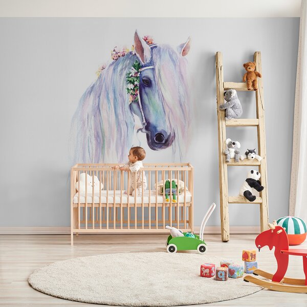 Carta da parati Acquarello di un cavallo con fiori sulla testa, Carta da parati per Bambini, Carta da parati popolare, u93591 - Tapeko.it