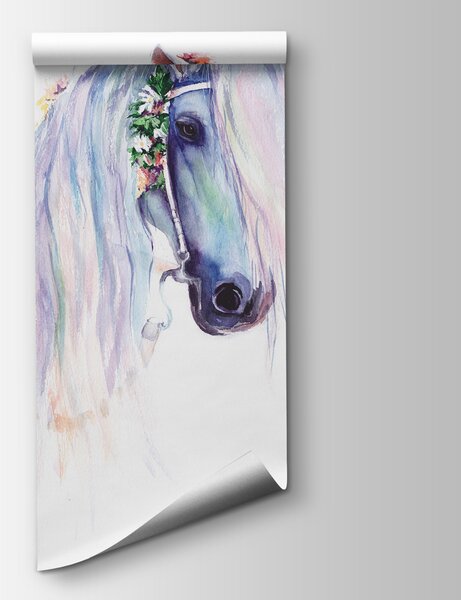 Carta da parati Acquarello di un cavallo con fiori sulla testa, Carta da parati per Bambini, Carta da parati popolare, u93591 - Tapeko.it