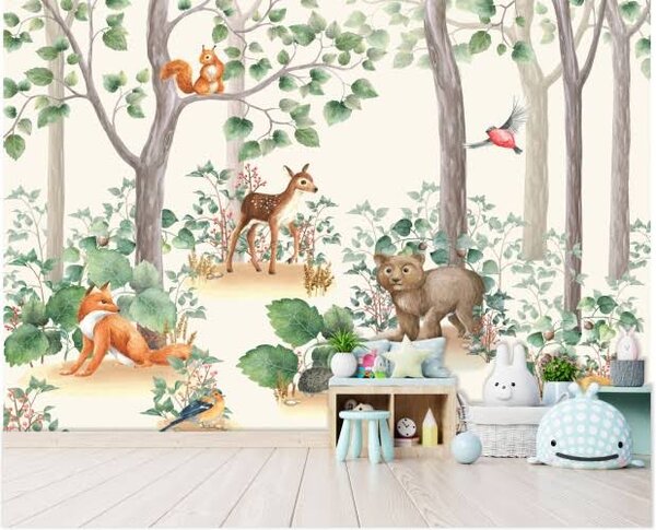 Carta da parati Sfondo con animali nella foresta, Carta da parati per Bambini, Carta da parati popolare, u93622 - Tapeko.it
