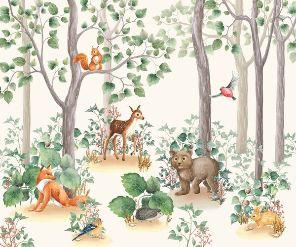 Carta da parati Sfondo con animali nella foresta, Carta da parati per Bambini, Carta da parati popolare, u93622 - Tapeko.it