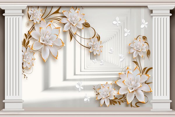 Carta da parati Elegante cornice floreale con farfalle, Carta da parati 3d fiori, Carta da parati popolare, u93693 - Tapeko.it