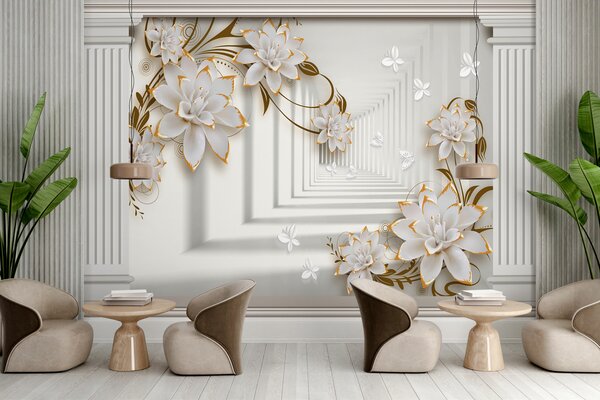 Carta da parati Elegante cornice floreale con farfalle, Carta da parati 3d fiori, Carta da parati popolare, u93693 - Tapeko.it