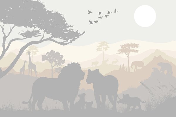 Carta da parati Gruppo di animali in un paesaggio, Carta da parati per Bambini, Carta da parati popolare, u93761 - Tapeko.it