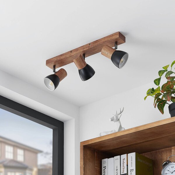 Faretto da soffitto Lindby Tonja, a 3 luci, 55 cm, legno, acciaio Tonja Lindby, dimmerabile, Legno chiaro, Soggiorno / Sala da pranzo, Metallo, Moderno, Faretto