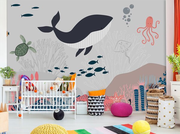 Carta da parati Balena e pesce che nuotano nell'oceano, Carta da parati per Bambini, Carta da parati popolare, u93829 - Tapeko.it