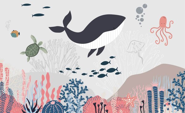 Carta da parati Balena e pesce che nuotano nell'oceano, Carta da parati per Bambini, Carta da parati popolare, u93829 - Tapeko.it