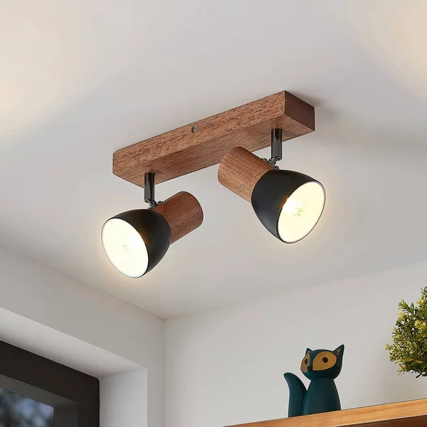 Lindby Tonja faretto da soffitto con legno, 2 luci Lindby, dimmerabile, Legno chiaro, Soggiorno / Sala da pranzo, Metallo, Moderno, Faretto