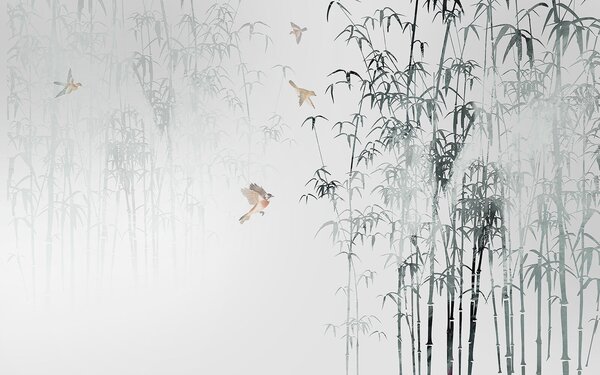 Carta da parati Uccelli che volano nella nebbia, Carta da parati Foresta, Carta da parati popolare, u93851 - Tapeko.it