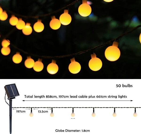 Brilagi - Catena decorativa solare a LED BUBBLE, 50 LED / 8 modalità, 7 m, IP65, bianco caldo