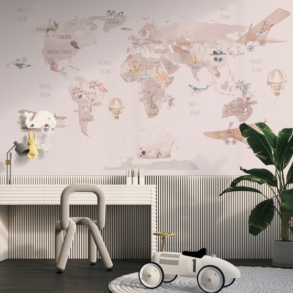 Carta da parati Mappa del mondo con aerei e orsi polari, Carta da parati per Bambini, Carta da parati popolare, u93908 - Tapeko.it