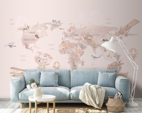 Carta da parati Mappa del mondo con aerei e orsi polari, Carta da parati per Bambini, Carta da parati popolare, u93908 - Tapeko.it