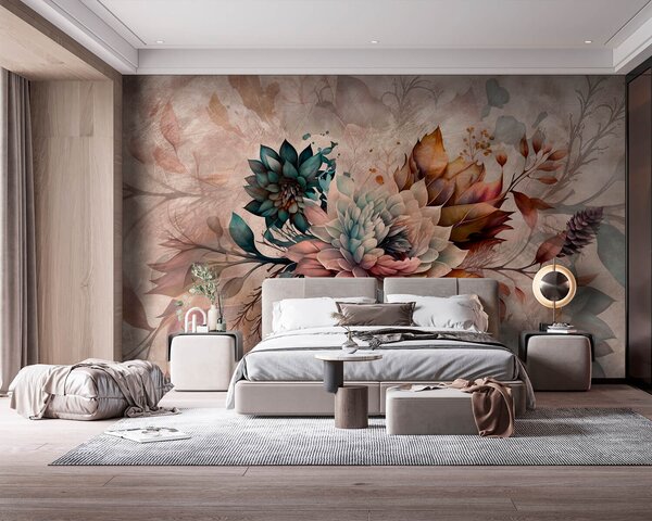 Carta da parati Pittura di fiori e foglie, Carta da parati 3d fiori, Carta da parati popolare, u93919 - Tapeko.it