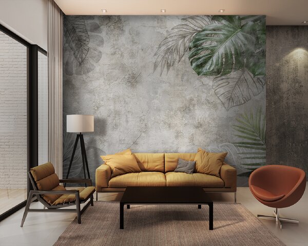 Carta da parati Foglie tropicali su un muro invecchiato, Carta da parati Natura, Carta da parati Foglie di Palma, u93964 : Uwalls.it