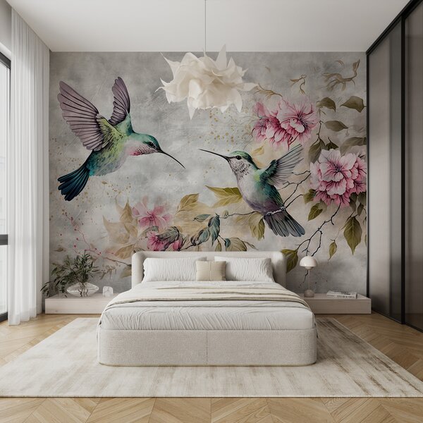 Carta da parati Pittura di uccelli e fiori, Carta da parati acquerello sul muro, Carta da parati popolare, u93994 - Tapeko.it