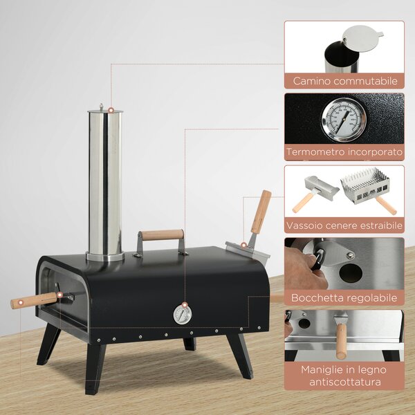 Outsunny Forno per Pizza Pieghevole e Portatile con Pala e Pietra, in Acciaio e Legno, 81x40x72 cm, Nero | Aosom Italy