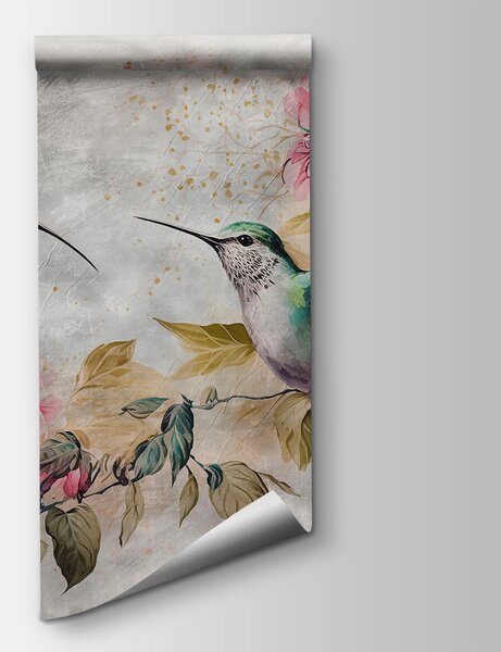 Carta da parati Pittura di uccelli e fiori, Carta da parati acquerello sul muro, Carta da parati popolare, u93994 - Tapeko.it