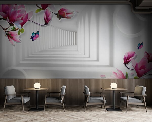 Carta da parati Carta da parati con fiori rosa e farfalle, Carta da parati 3d fiori, Carta da parati popolare, u94055 - Tapeko.it