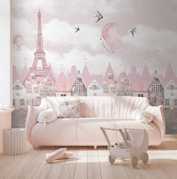 Carta da parati Paesaggio urbano rosa e bianco con palloncini rosa e uccelli in volo, Carta da parati per Bambini, Carta da parati popolare, u94128 - Tapeko.it