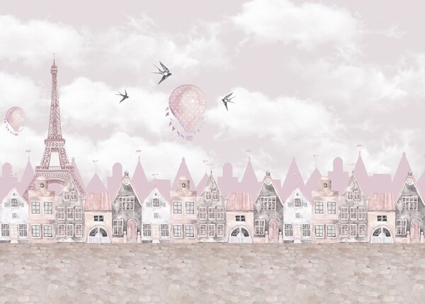 Carta da parati Paesaggio urbano rosa e bianco con palloncini rosa e uccelli in volo, Carta da parati per Bambini, Carta da parati popolare, u94128 - Tapeko.it