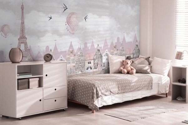 Carta da parati Paesaggio urbano rosa e bianco con palloncini rosa e uccelli in volo, Carta da parati per Bambini, Carta da parati popolare, u94128 - Tapeko.it