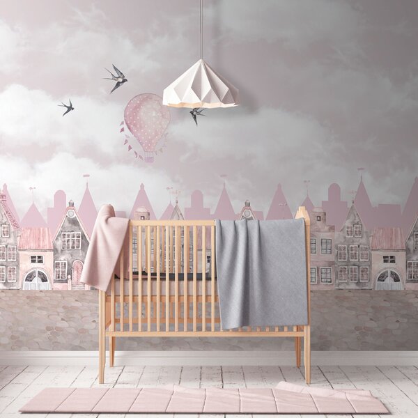 Carta da parati Paesaggio urbano rosa e bianco con palloncini rosa e uccelli in volo, Carta da parati per Bambini, Carta da parati popolare, u94128 - Tapeko.it