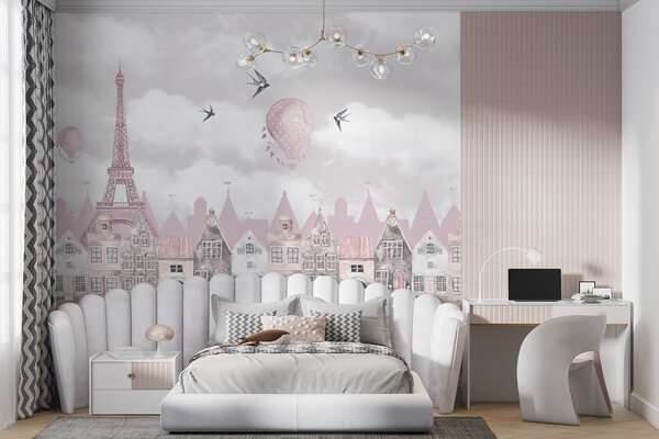 Carta da parati Paesaggio urbano rosa e bianco con palloncini rosa e uccelli in volo, Carta da parati per Bambini, Carta da parati popolare, u94128 - Tapeko.it