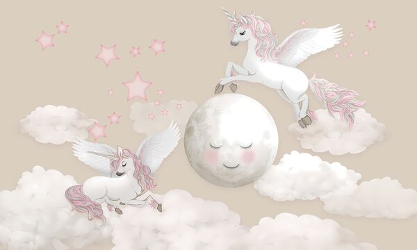 Carta da parati Gruppo di unicorni in volo sulla luna, Carta da parati per Bambini, Carta da parati popolare, u94136 - Tapeko.it