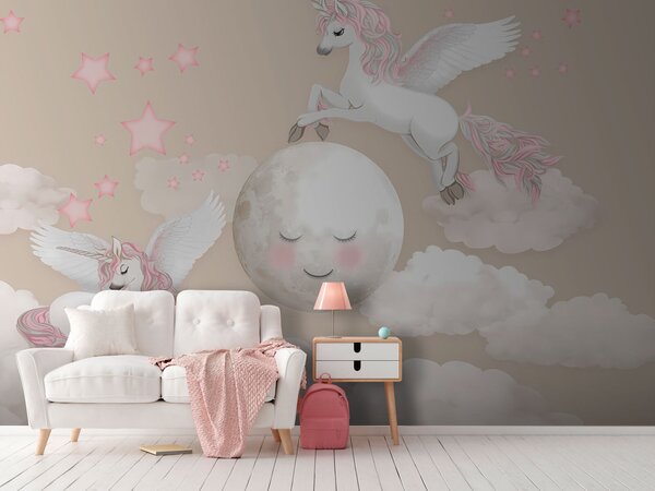 Carta da parati Gruppo di unicorni in volo sulla luna, Carta da parati per Bambini, Carta da parati popolare, u94136 - Tapeko.it