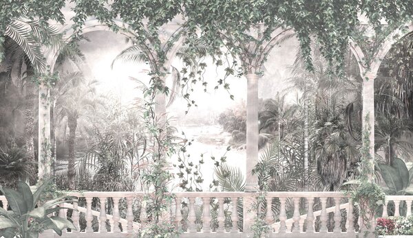 Carta da parati Balcone con vista su un fiume e sugli alberi, Carta da parati citta, Carta da parati popolare, u94141 - Tapeko.it