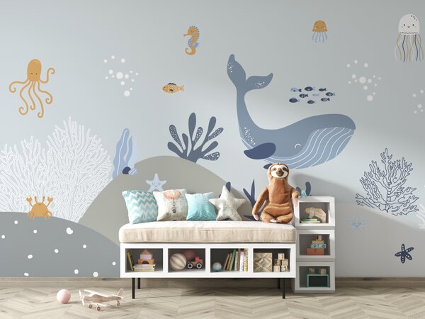 Carta da parati Balena e pesce sott'acqua, Carta da parati per Bambini, Carta da parati popolare, u94308 - Tapeko.it