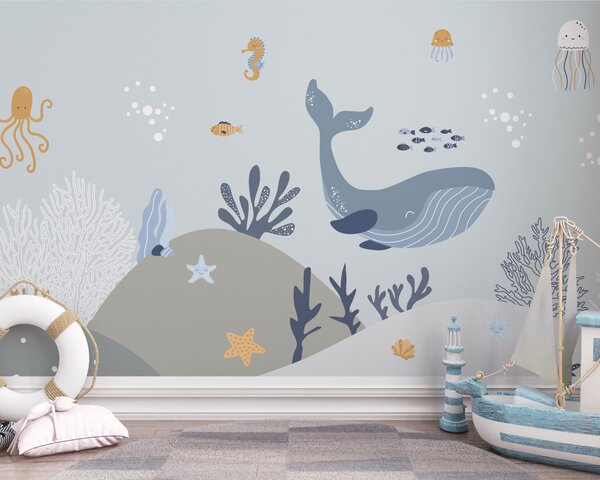 Carta da parati Balena e pesce sott'acqua, Carta da parati per Bambini, Carta da parati popolare, u94308 - Tapeko.it