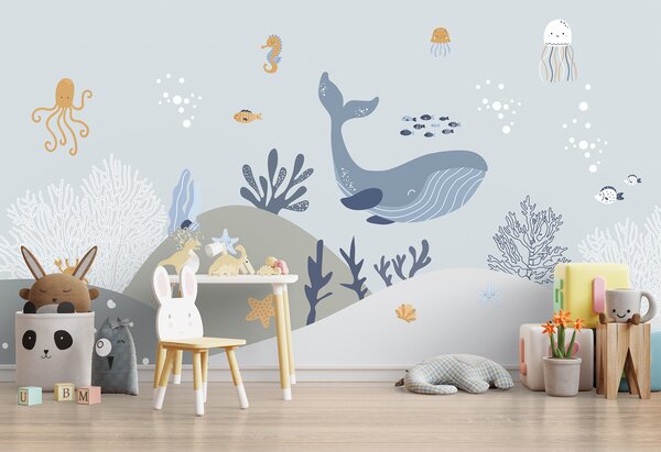 Carta da parati Balena e pesce sott'acqua, Carta da parati per Bambini, Carta da parati popolare, u94308 - Tapeko.it
