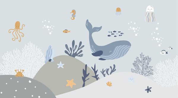 Carta da parati Balena e pesce sott'acqua, Carta da parati per Bambini, Carta da parati popolare, u94308 - Tapeko.it